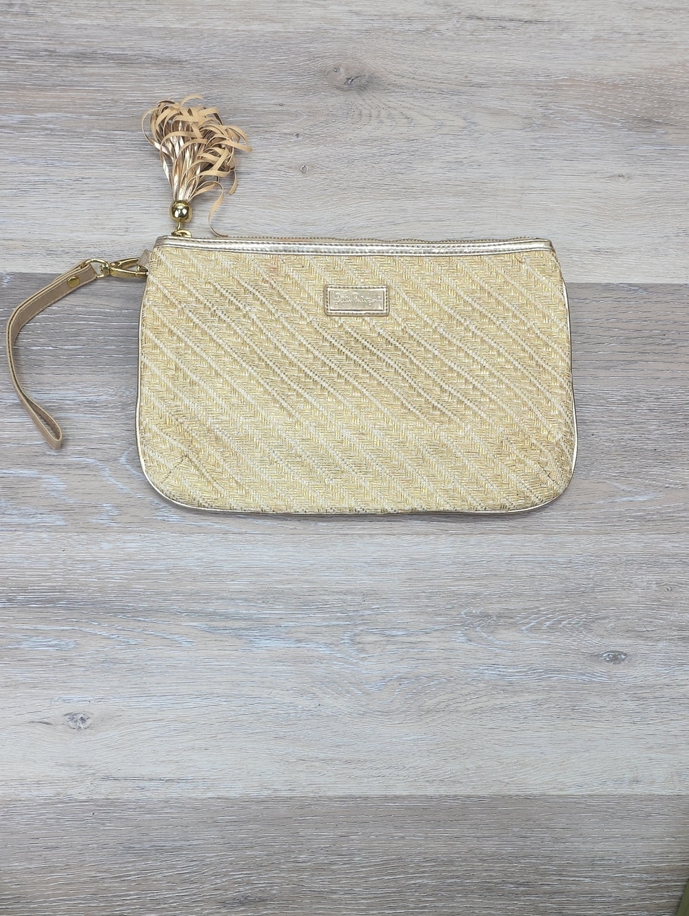 Lilly Pulitzer Gold Woven Straw Wristlet Clutch Bag Tassel Zip Resortwear